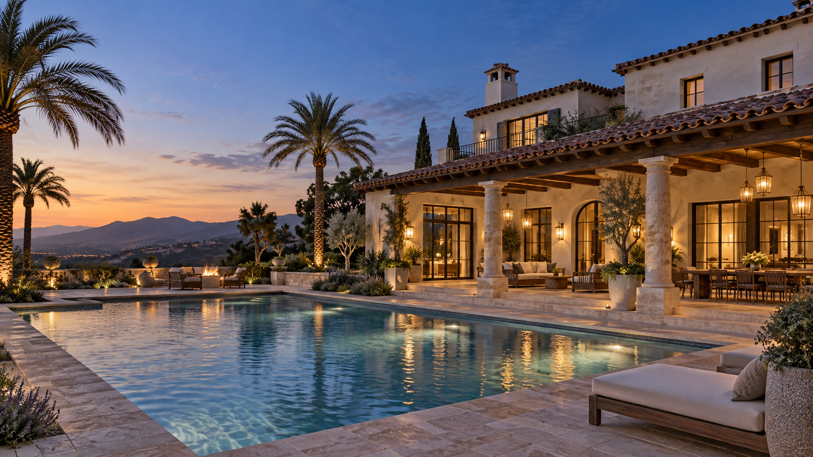 Mediterranean Los Angeles home and pool at twilight